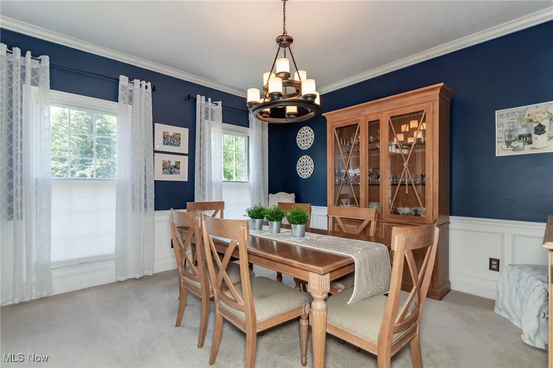 Dining room featuring a chandelier, crown molding, a wainscoted wall, and light carpet