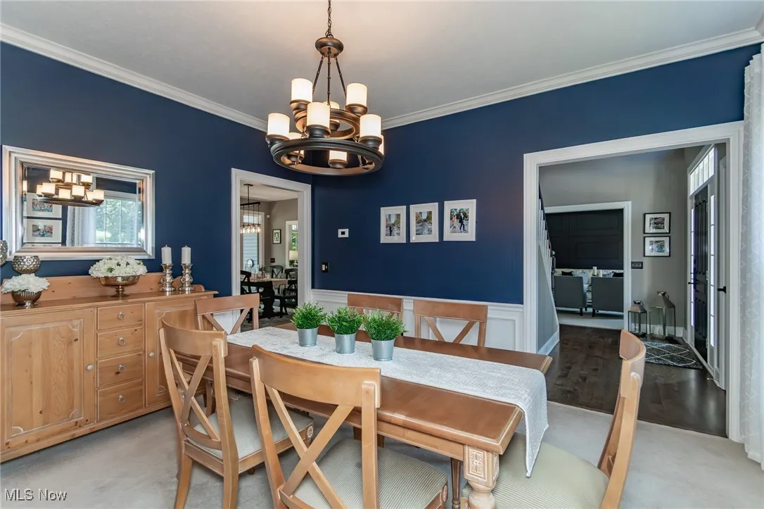 Dining room featuring a chandelier, crown molding, a wainscoted wall, and light carpet