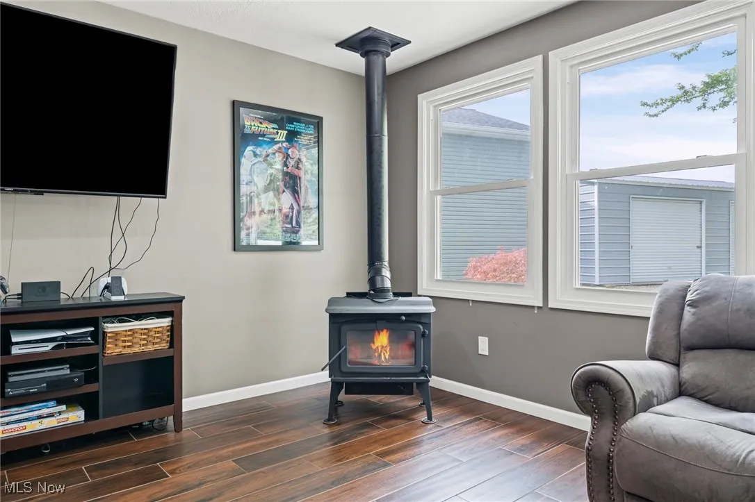 Family room with a wood stove and dark wood-style flooring