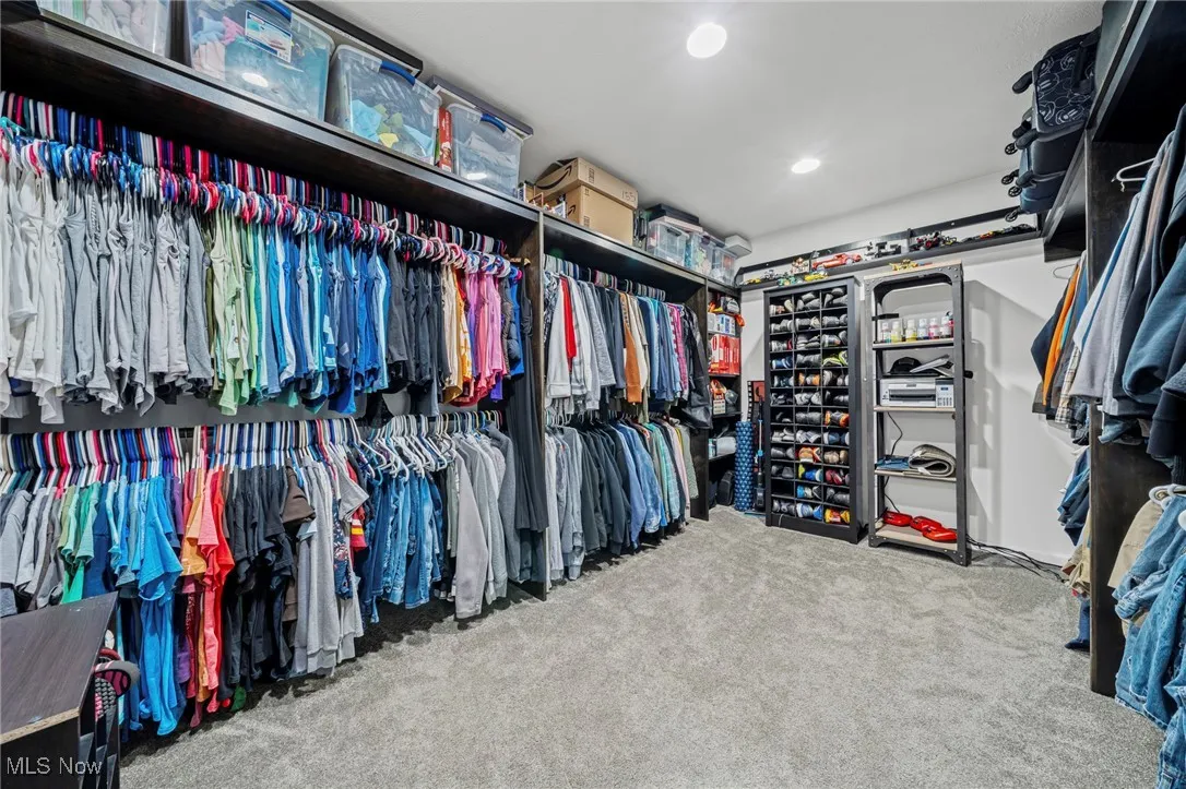 Huge walk-in closet featuring carpet