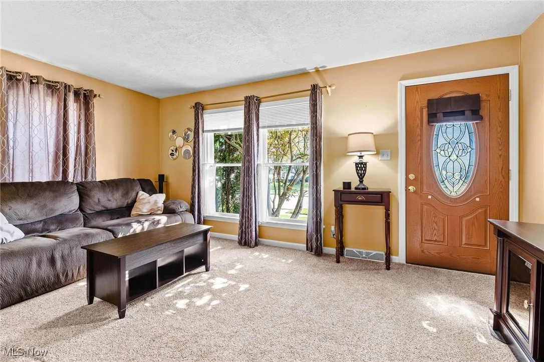 Carpeted living room with newer windows and hardwood floors underneath the newer carpet