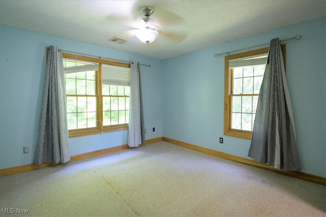 Carpeted spare room with plenty of natural light and ceiling fan