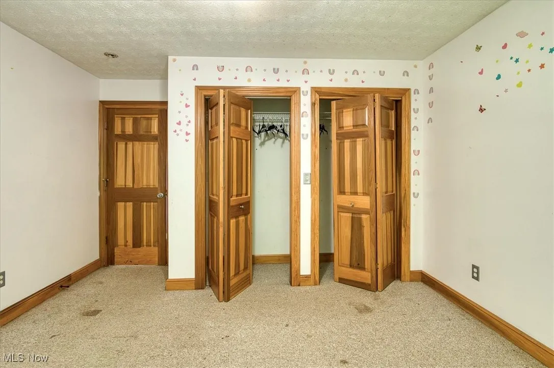 Unfurnished bedroom featuring carpet floors, a textured ceiling, and two closets