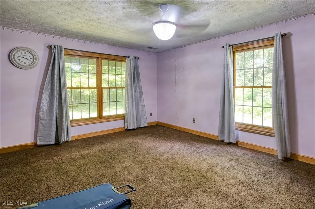 Carpeted spare room with a textured ceiling