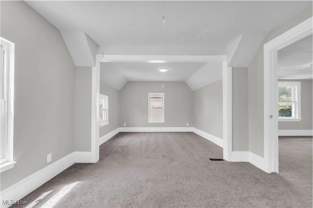 Additional living space featuring carpet flooring, vaulted ceiling, and plenty of natural light