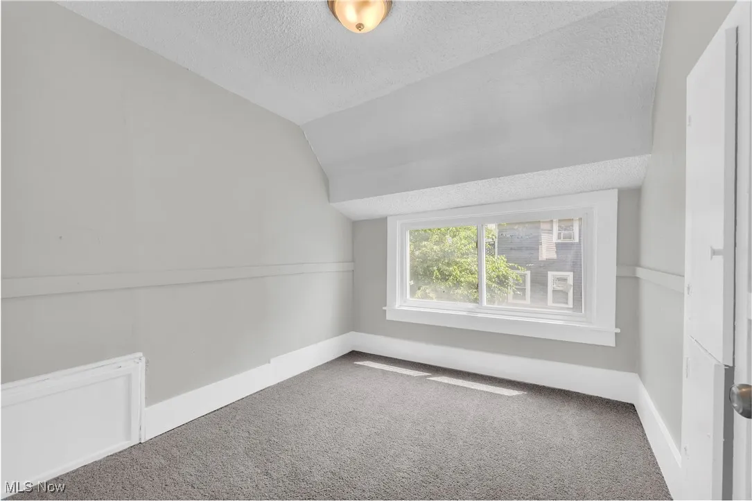 Additional living space with a textured ceiling, carpet flooring, and lofted ceiling