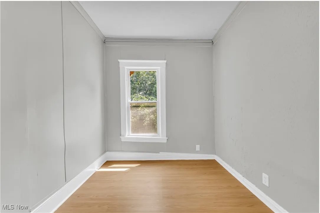 Unfurnished room with ornamental molding and light wood finished floors