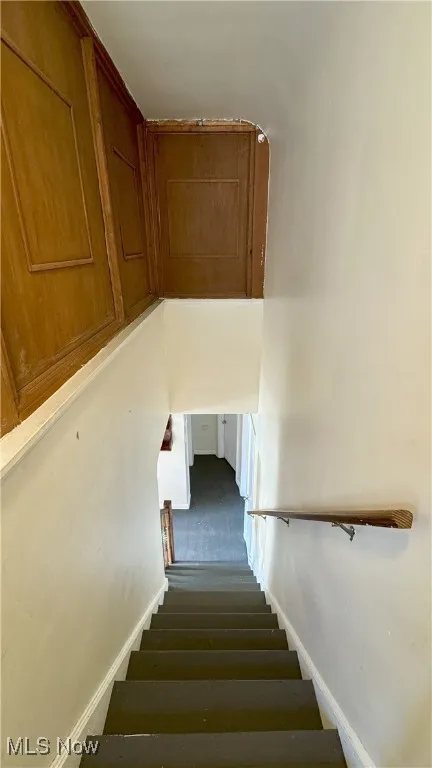 Stairs with baseboards and carpet flooring
