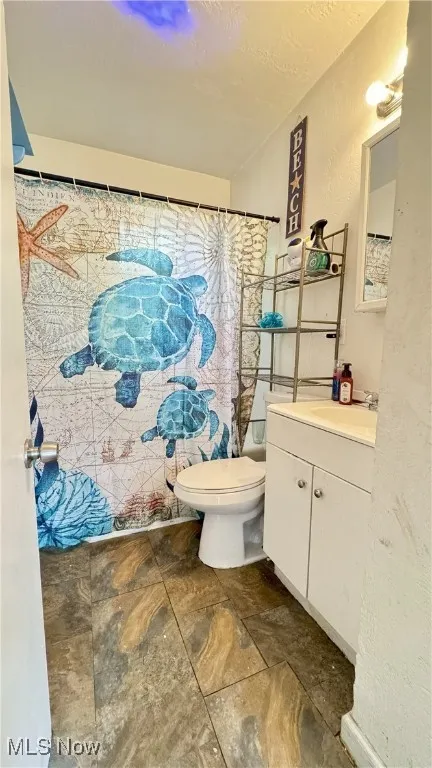 Bathroom featuring vanity and stone finish flooring