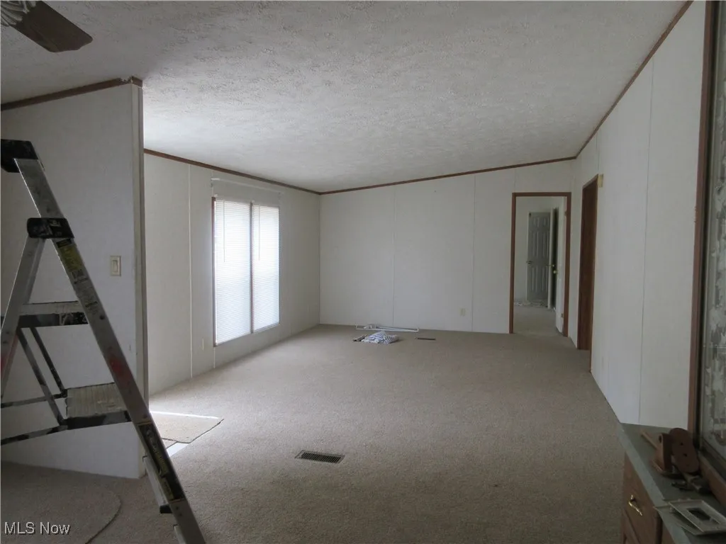 Carpeted spare room featuring a ceiling fan and a textured ceiling
