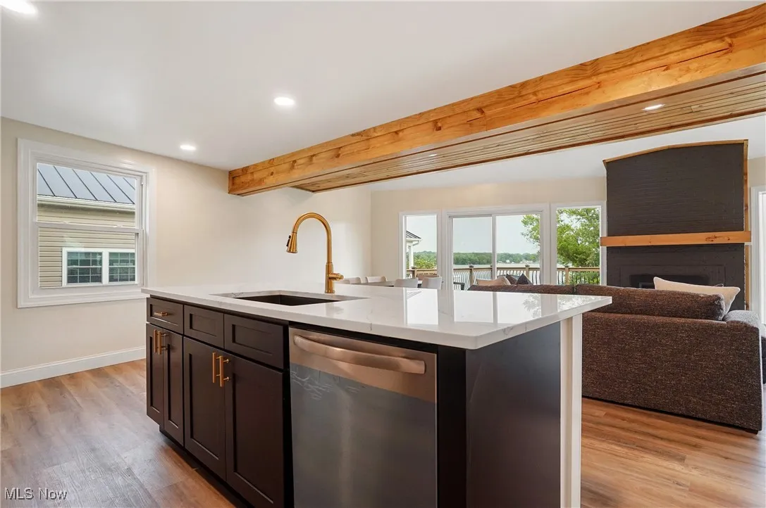 Kitchen with dishwasher, light wood-style flooring, recessed lighting, an island with sink, and open floor plan