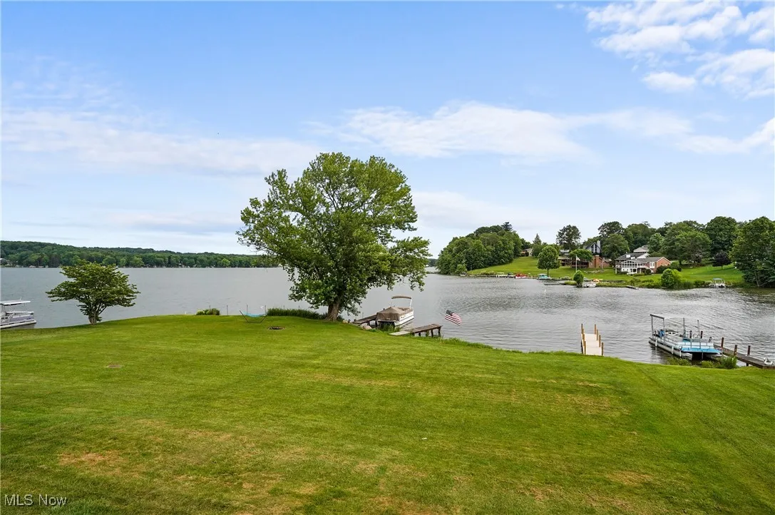 Water view with a dock