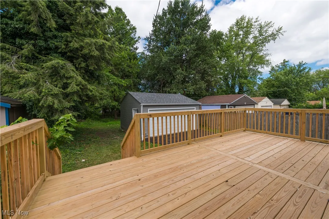 Wooden deck with an outdoor structure