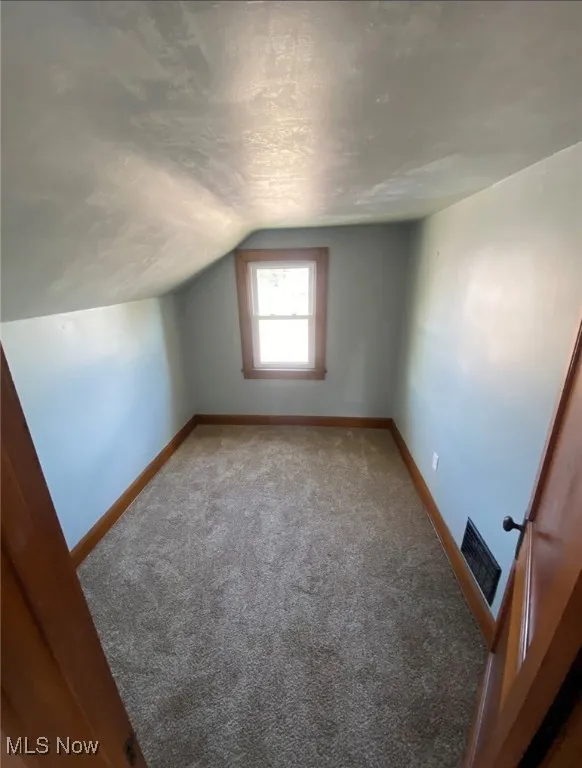 Additional living space featuring lofted ceiling and carpet floors