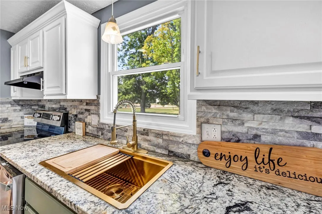 Kitchen featuring decorative backsplash, white cabinets, light stone countertops, stainless steel dishwasher, and under cabinet range hood