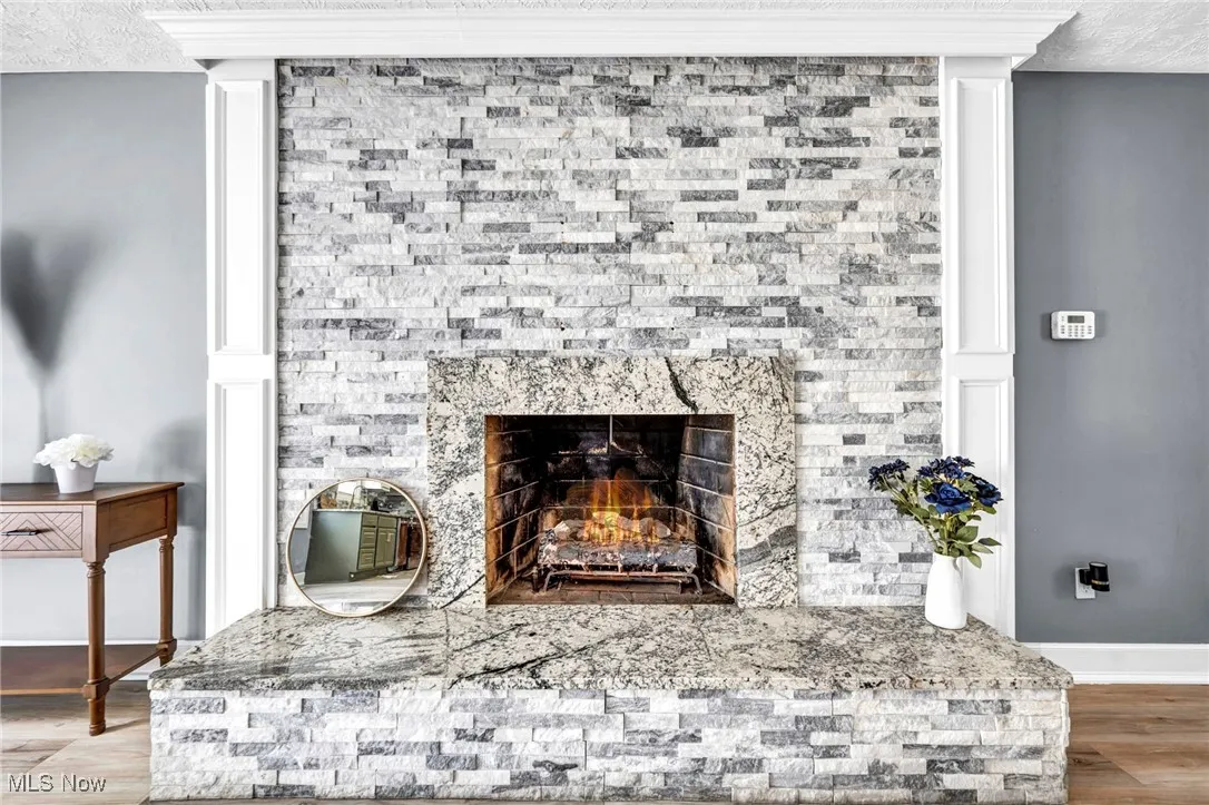Detailed view of wood finished floors, a premium fireplace, and a textured ceiling