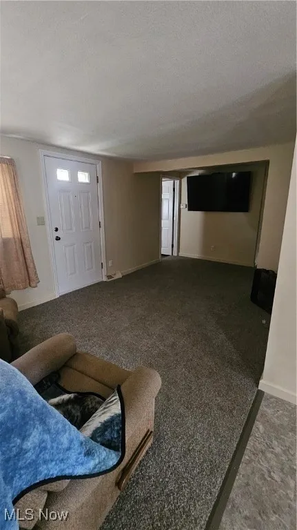 Living area featuring a textured ceiling and carpet