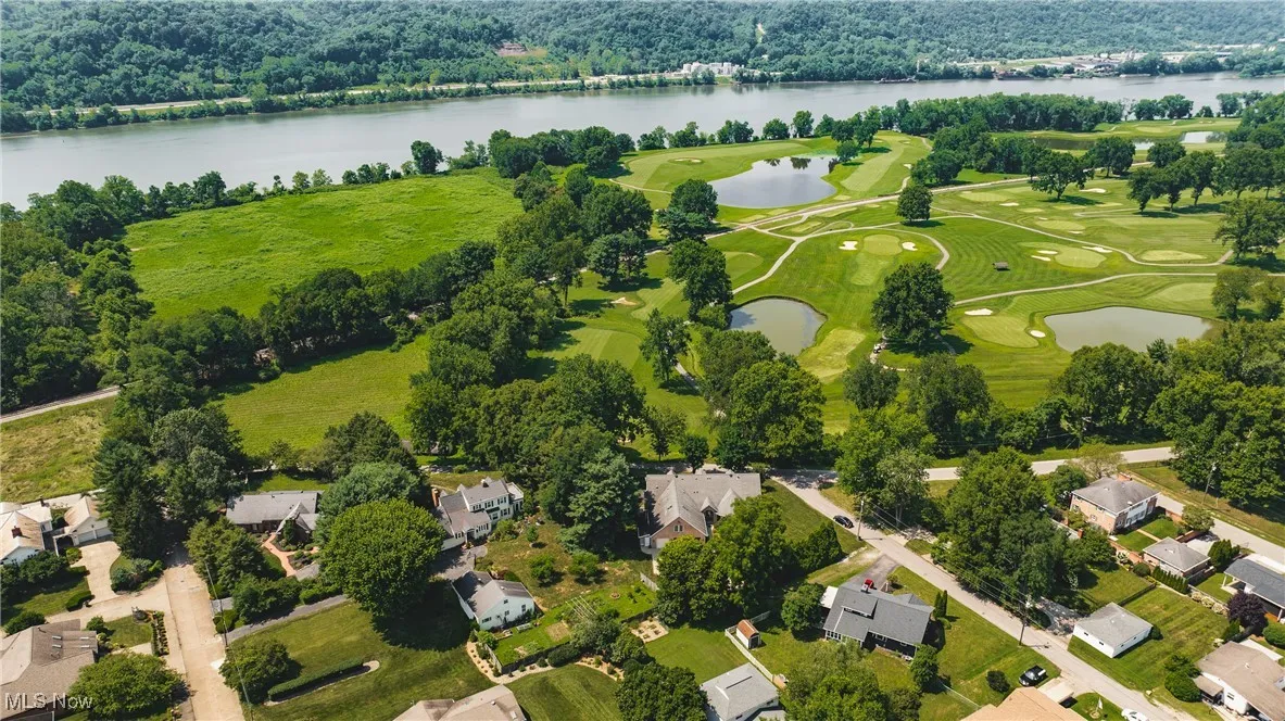 Aerial view shows the golf course views and the Ohio River beyond.