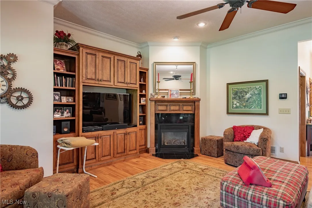 The Great room measures a spacious 18x18. Birds Eye maple built-ins.