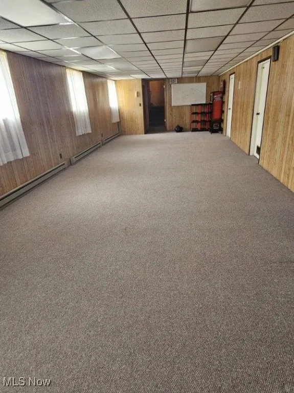 Below grade area with wood walls, a paneled ceiling, carpet floors, and a baseboard radiator