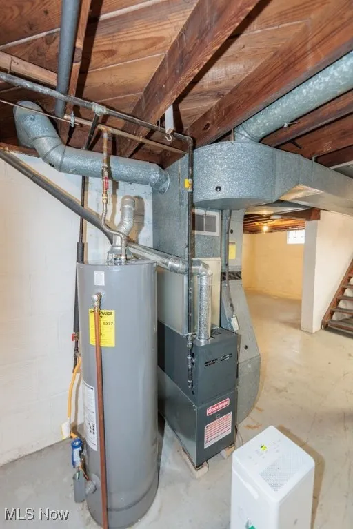 Utility room with gas water heater and heating unit