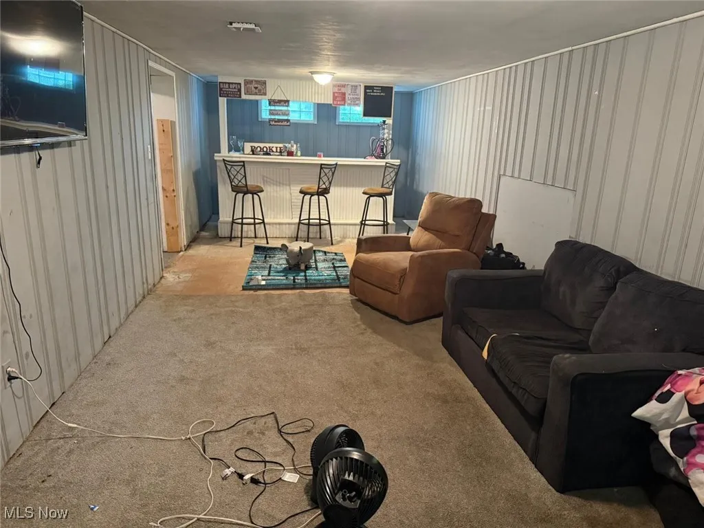 Living area with a dry bar and carpet