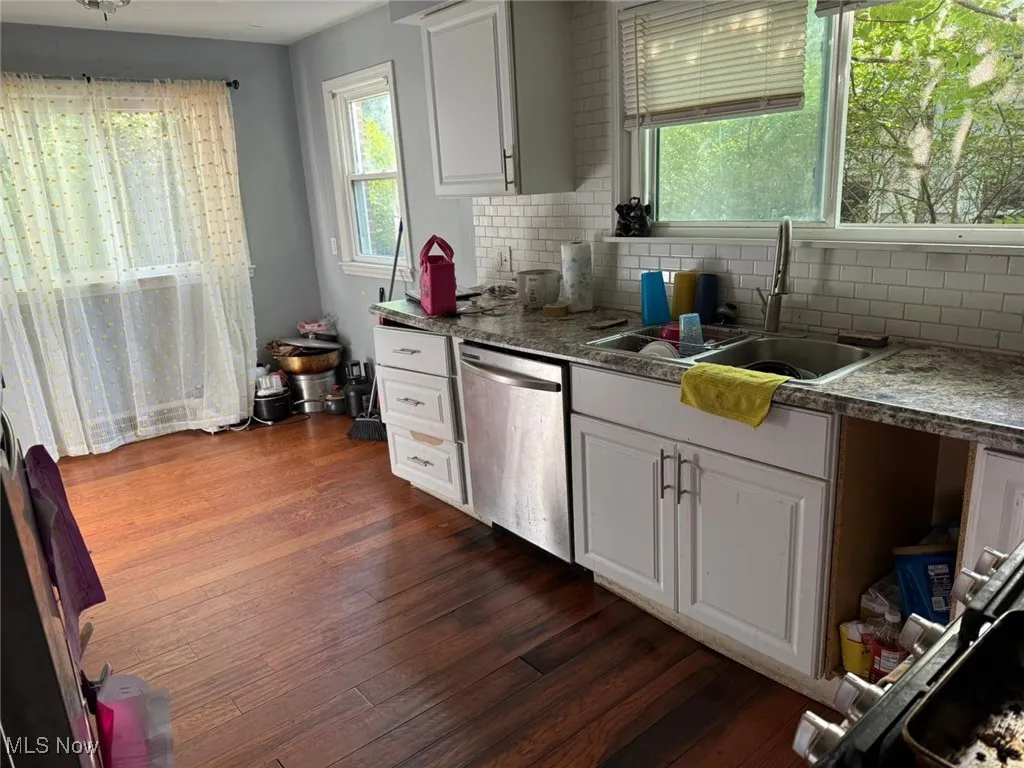 Kitchen featuring plenty of natural light, tasteful backsplash, dishwasher, and white cabinetry