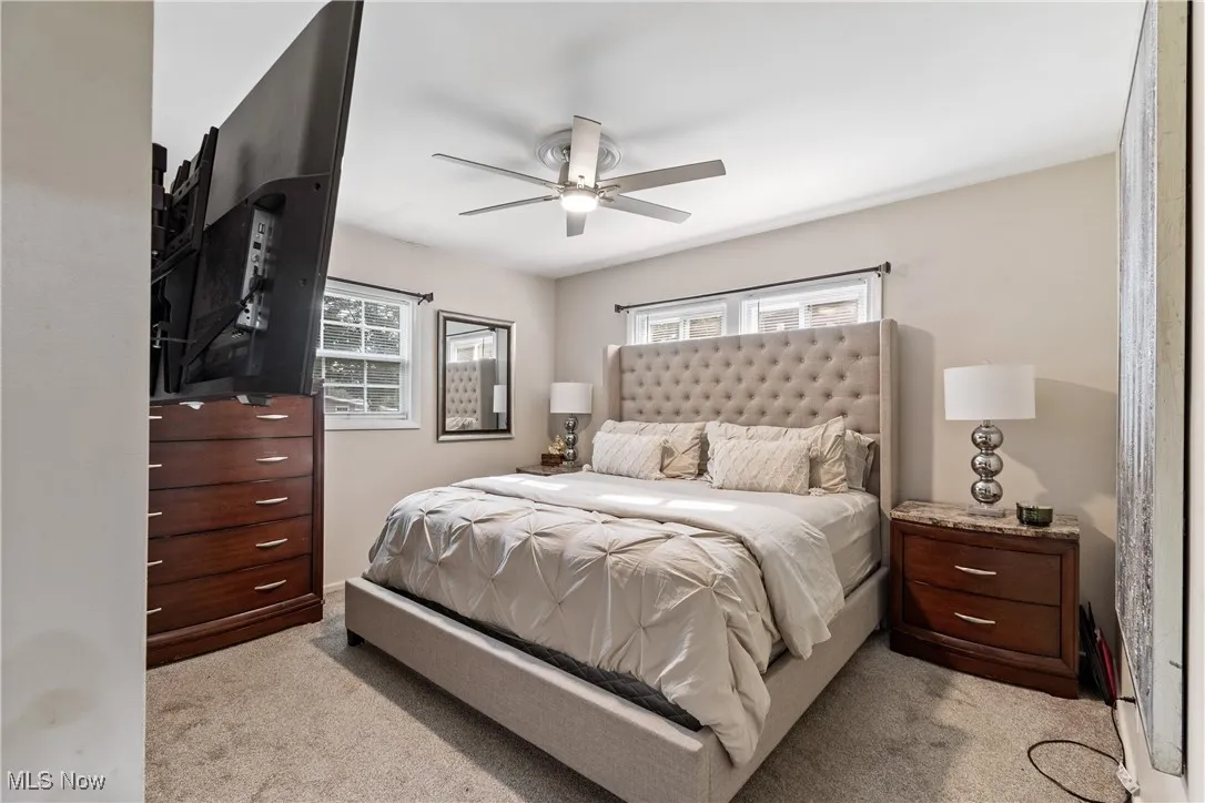 Carpeted bedroom with multiple windows and a ceiling fan