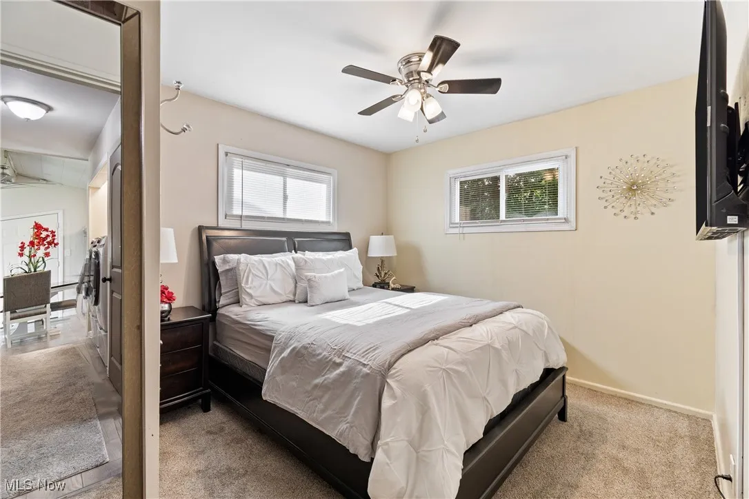 Bedroom featuring multiple windows, carpet flooring, and ceiling fan