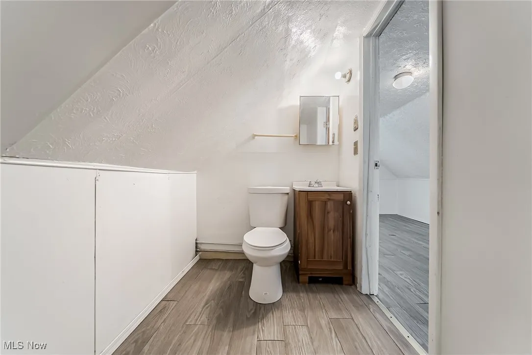 Bathroom with vanity, wood finished floors, a textured ceiling, and vaulted ceiling
