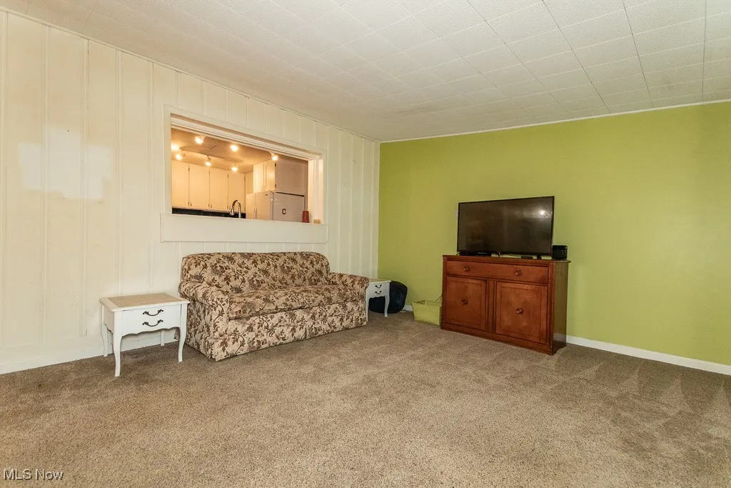 Living area with carpet flooring