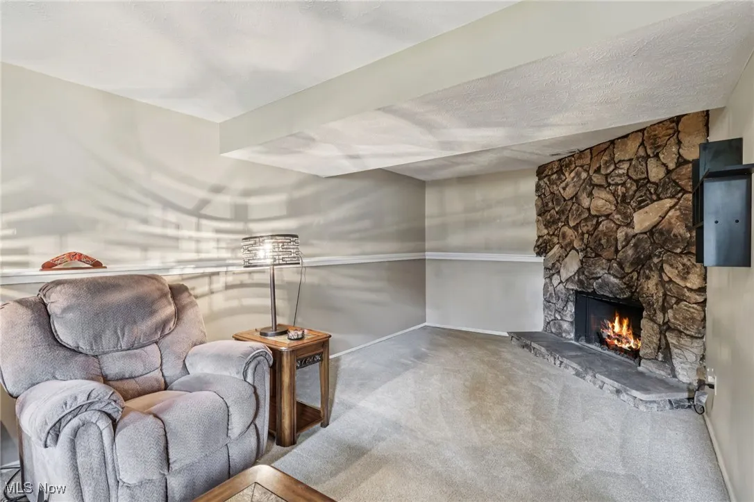 Spacious family room on lower level with windows providing plenty of natural lighting and fireplace  for relaxing or entertaining
