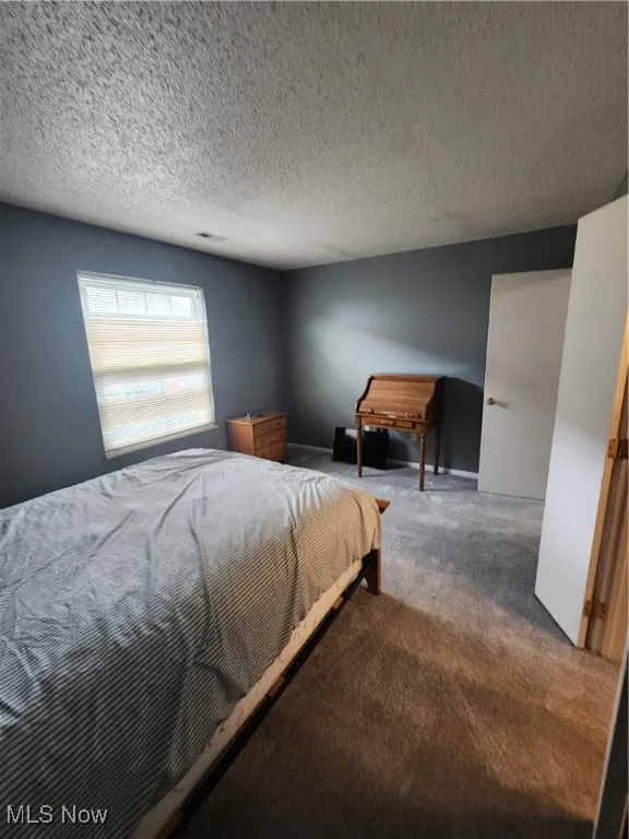 Bedroom with carpet flooring and a textured ceiling