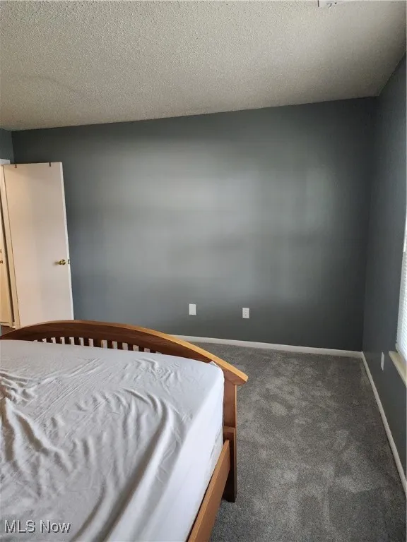 Bedroom featuring carpet flooring and a textured ceiling