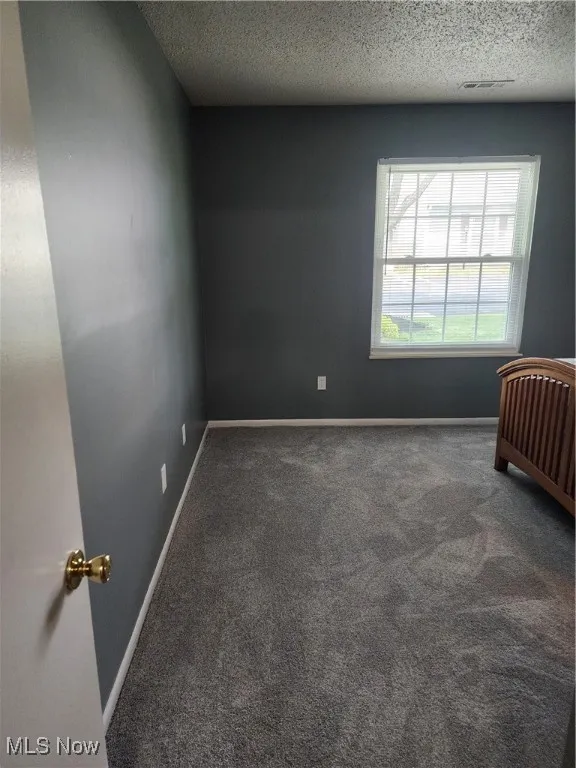 Unfurnished bedroom featuring a textured ceiling and carpet flooring