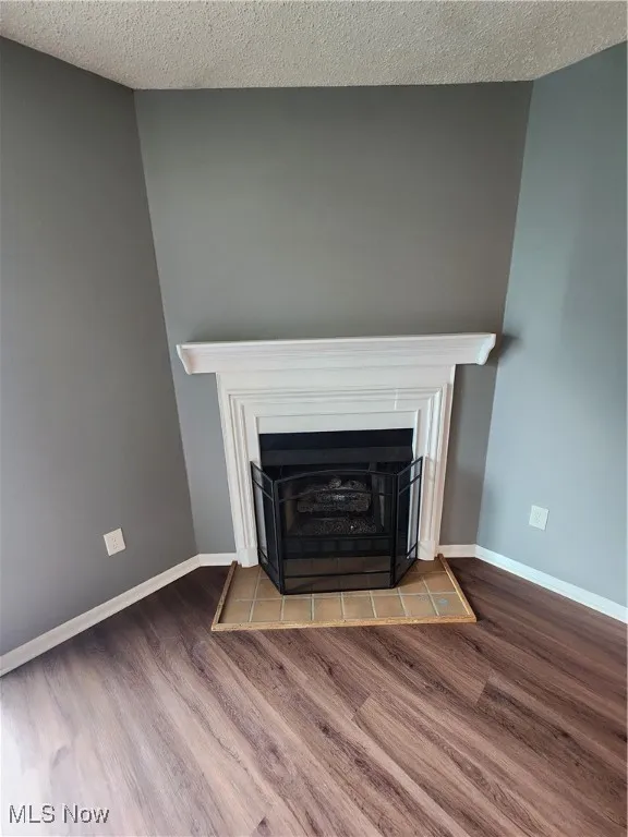 Detailed view of wood finished floors, a fireplace, and a textured ceiling