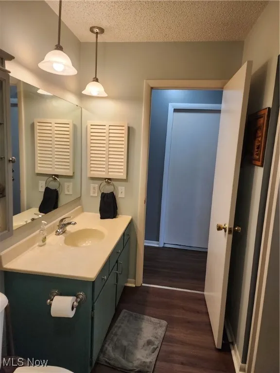 Bathroom with vanity, wood finished floors, and a textured ceiling