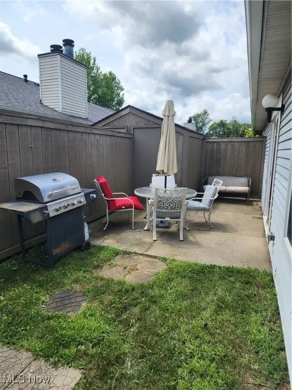 Fenced backyard with a patio, grilling area, and outdoor dining area