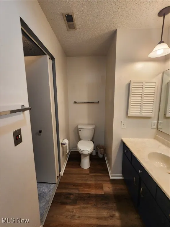 Bathroom with wood finished floors, vanity, and a textured ceiling