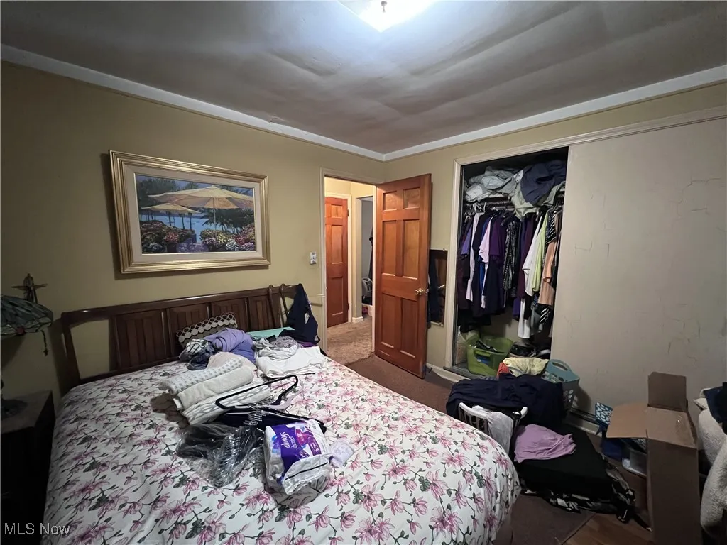 Carpeted bedroom with a closet