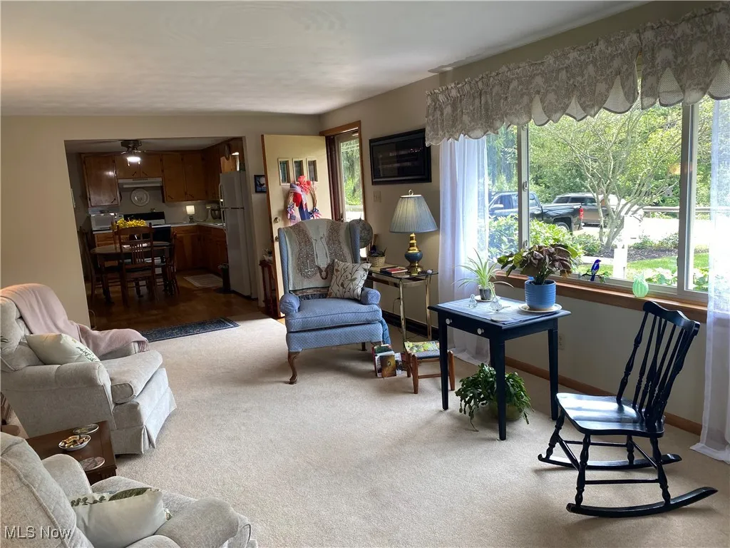 Carpeted living room with a ceiling fan
