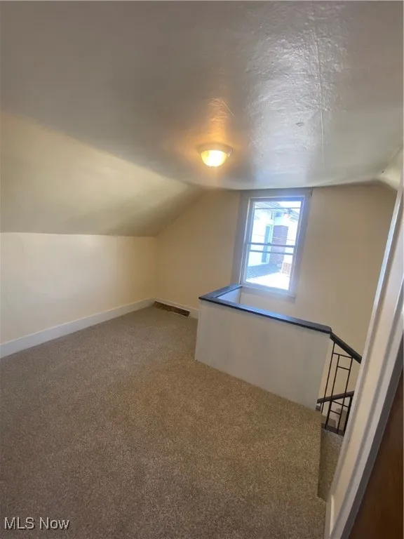 Additional living space featuring vaulted ceiling and carpet flooring
