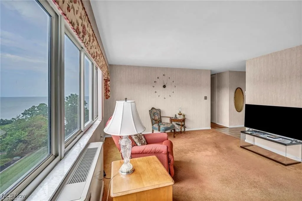Carpeted living room featuring wallpapered walls and a water view