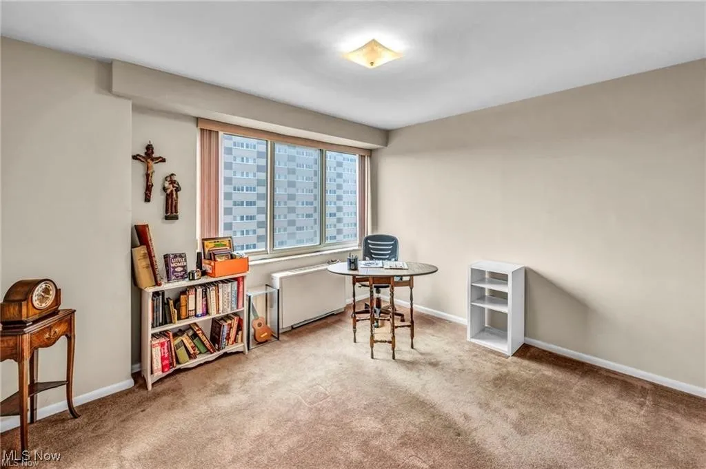 Office space with carpet floors and radiator