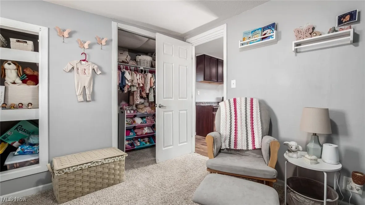 Sitting room with carpet flooring
