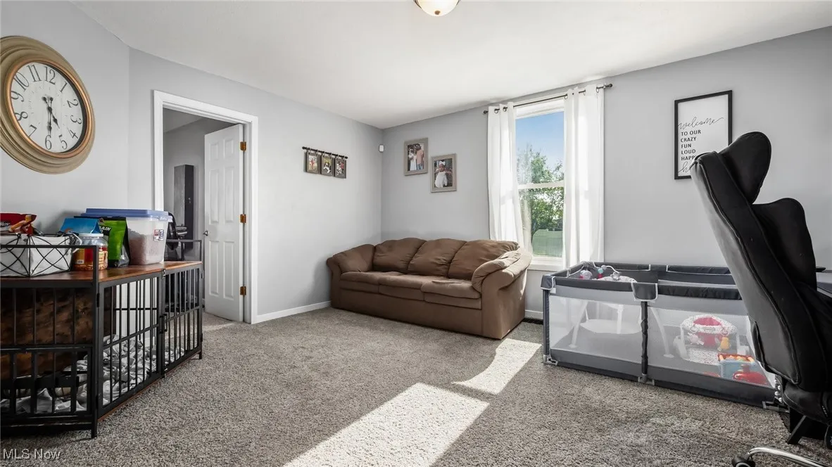 Carpeted living area with baseboards