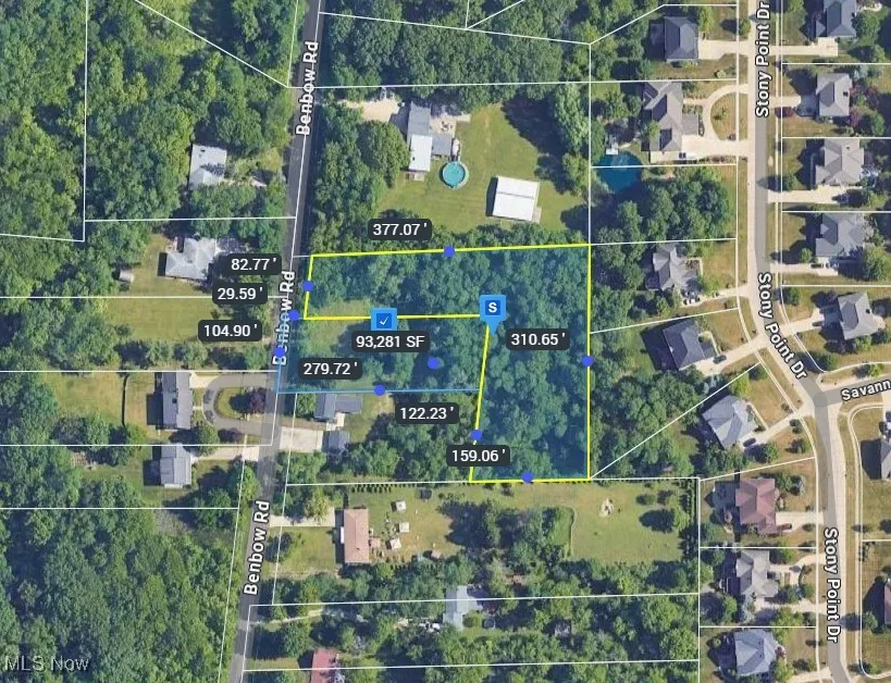 Aerial map of property and surrounding area with property boundaries highlighted