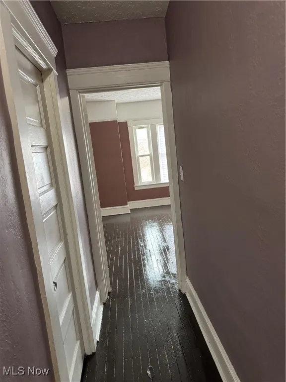 Hall with dark wood-type flooring and a textured wall