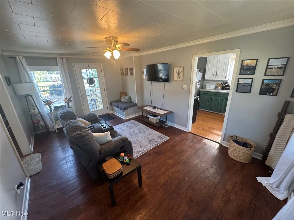 Living room with crown molding, a ceiling fan, and dark wood finished floors