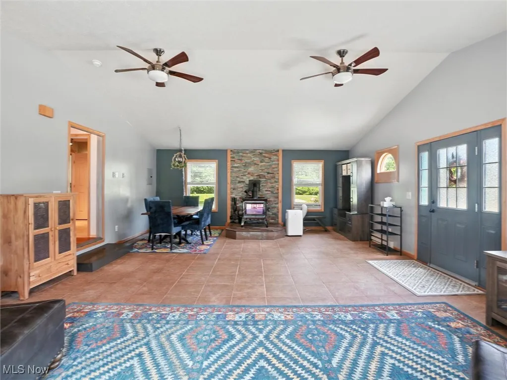 Sunny great room with woodburning stove